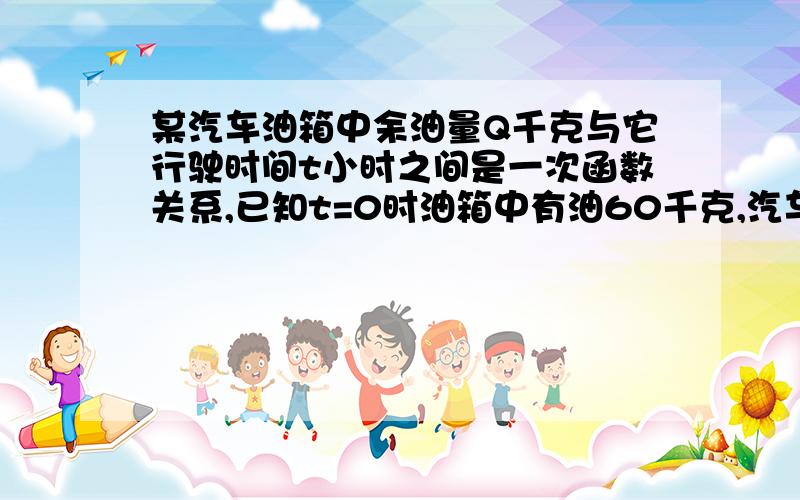 某汽车油箱中余油量Q千克与它行驶时间t小时之间是一次函数关系,已知t=0时油箱中有油60千克,汽车行驶8小时,邮箱中还剩油20千克（1）求Q和t之间的函数关系（2）如果汽车的速度为每小时40千