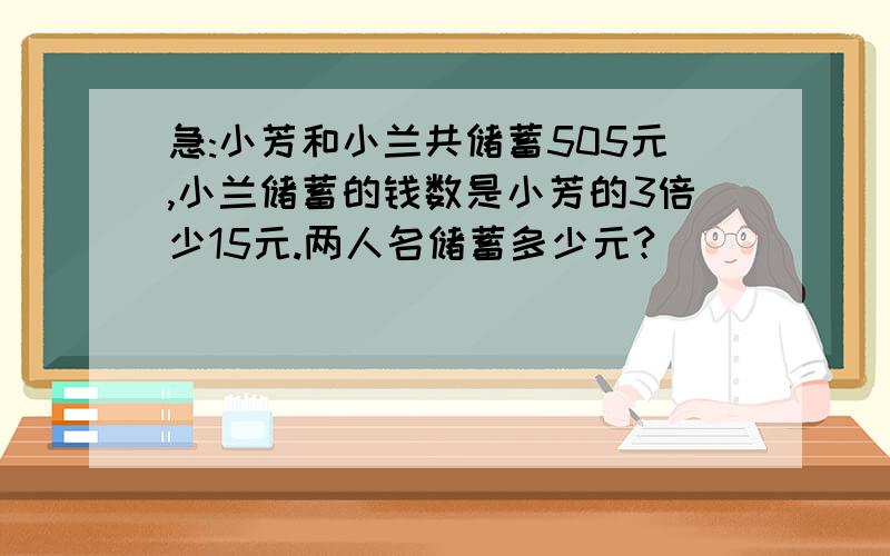 急:小芳和小兰共储蓄505元,小兰储蓄的钱数是小芳的3倍少15元.两人名储蓄多少元?