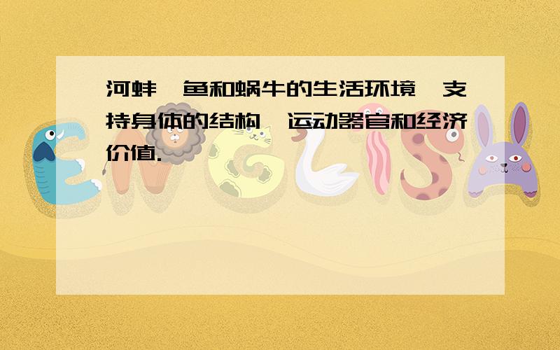 河蚌、鱼和蜗牛的生活环境、支持身体的结构、运动器官和经济价值.