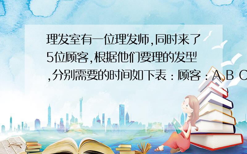 理发室有一位理发师,同时来了5位顾客,根据他们要理的发型,分别需要的时间如下表：顾客：A B C D E所需时间：10 12 15 20 24怎样安排他们的理发顺序,才能使5个人理发及等候作用的时间总和最