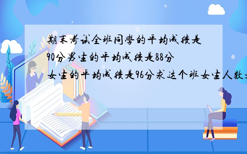 期末考试全班同学的平均成绩是90分男生的平均成绩是88分女生的平均成绩是96分求这个班女生人数是男生人数的几分之几,算数方程都可以