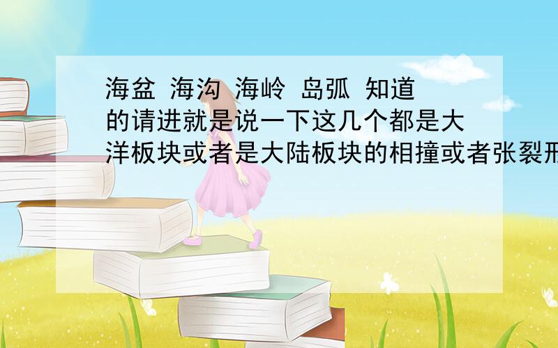 海盆 海沟 海岭 岛弧 知道的请进就是说一下这几个都是大洋板块或者是大陆板块的相撞或者张裂形成的.