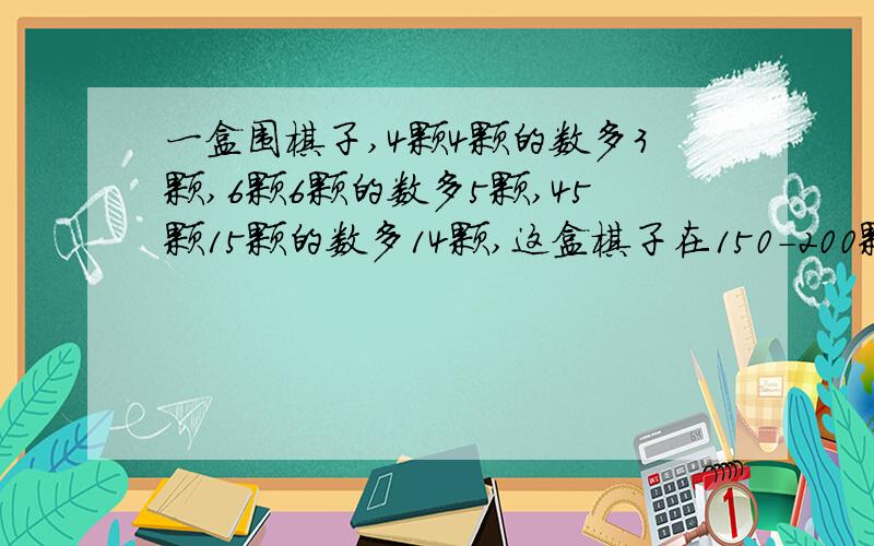 一盒围棋子,4颗4颗的数多3颗,6颗6颗的数多5颗,45颗15颗的数多14颗,这盒棋子在150-200颗之间,问多少颗要算式