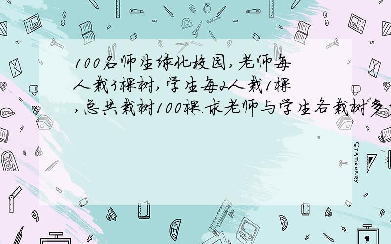 100名师生绿化校园,老师每人栽3棵树,学生每2人栽1棵,总共栽树100棵.求老师与学生各栽树多少棵?