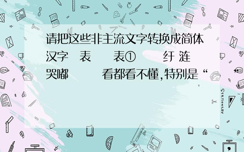 请把这些非主流文字转换成简体汉字迯表芣笩表①苆 蔠纡 涟哭嘟莈鼡孒看都看不懂,特别是“鼡孒”.什么东西啊,真是