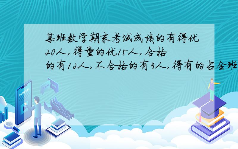 某班数学期末考试成绩的有得优20人,得量的优15人,合格的有12人,不合格的有3人,得有的占全班人数的50%在绘制扇形统计图时,不合格人数所占的圆心角是（       ）度.