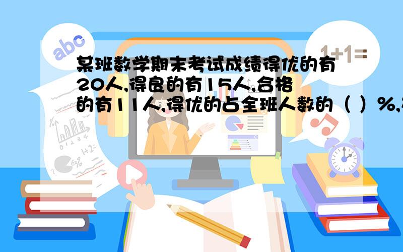 某班数学期末考试成绩得优的有20人,得良的有15人,合格的有11人,得优的占全班人数的（ ）％,在绘制统计图时,差生人数所占圆心角是（ ）度.