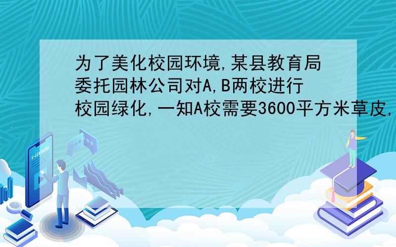 为了美化校园环境,某县教育局委托园林公司对A,B两校进行校园绿化,一知A校需要3600平方米草皮,B校需要2400草皮,再加一两地分别有草皮3500平方米和2500平方米出手,且售价一样,若园林公司想甲