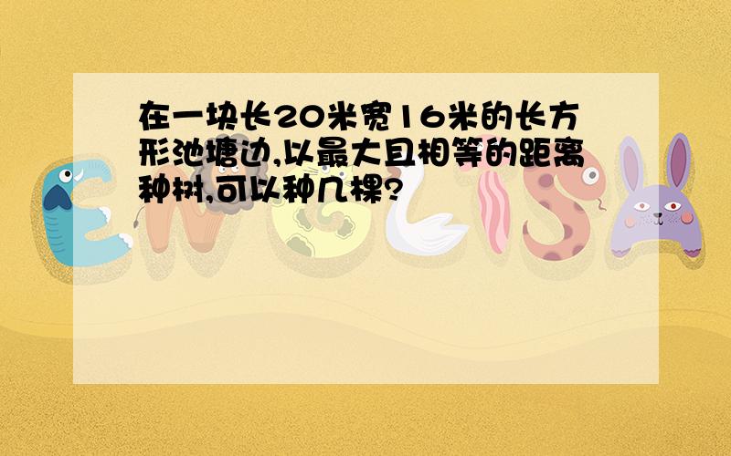 在一块长20米宽16米的长方形池塘边,以最大且相等的距离种树,可以种几棵?