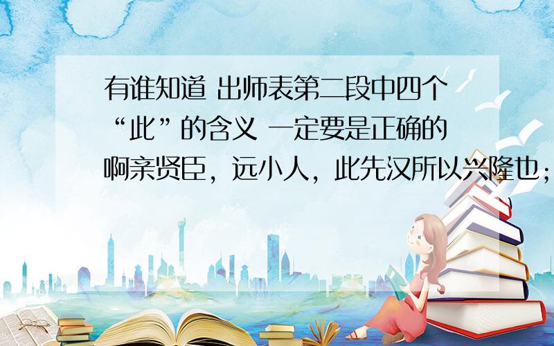 有谁知道 出师表第二段中四个“此”的含义 一定要是正确的啊亲贤臣，远小人，此先汉所以兴隆也；亲小人，远贤臣，此后汉所以倾颓也。先帝在时，每与臣论此事，未尝不叹息痛恨于桓