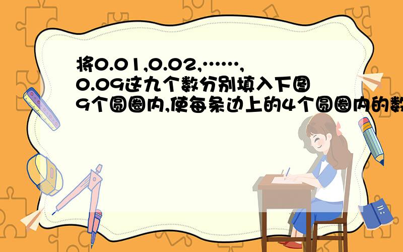 将0.01,0.02,……,0.09这九个数分别填入下图9个圆圈内,使每条边上的4个圆圈内的数之和相等.