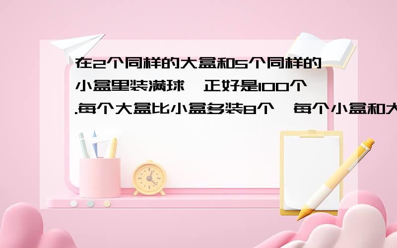 在2个同样的大盒和5个同样的小盒里装满球,正好是100个.每个大盒比小盒多装8个,每个小盒和大盒各装多少个?