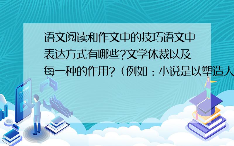 语文阅读和作文中的技巧语文中表达方式有哪些?文学体裁以及每一种的作用?（例如：小说是以塑造人物形象为主） 叙述、描写的要素有哪些?（例如：叙述有时间地点人物.） 以及形式、结