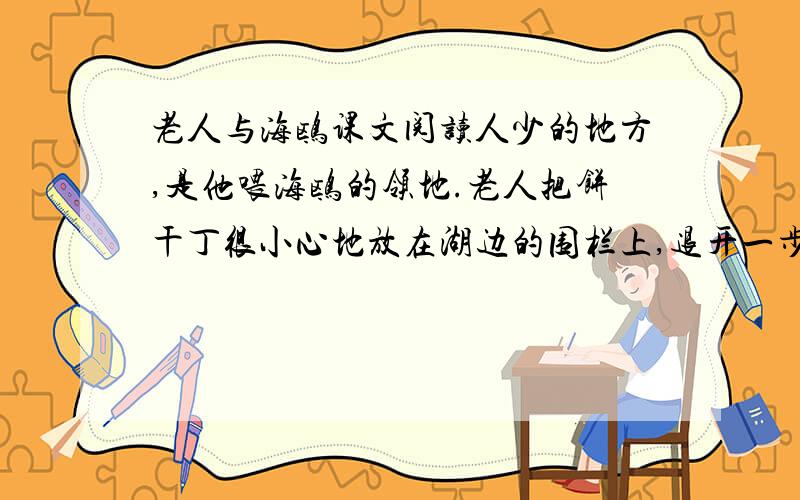 老人与海鸥课文阅读人少的地方,是他喂海鸥的领地.老人把饼干丁很小心地放在湖边的围栏上,退开一步,撮（cuō）起嘴向鸥群呼唤.立刻便有一群海鸥应声而来,几下就扫得干干净净.老人顺着