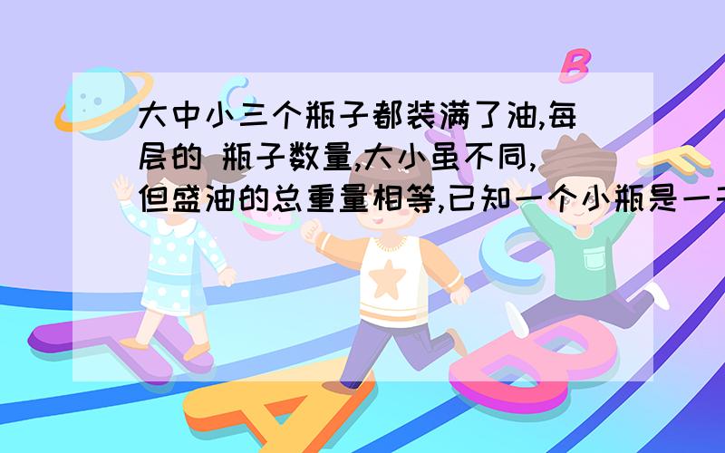 大中小三个瓶子都装满了油,每层的 瓶子数量,大小虽不同,但盛油的总重量相等,已知一个小瓶是一千克,每层油总重是多少千克,有个图,最上面的一层是四个小瓶,一个大瓶,中间的一个大瓶,一