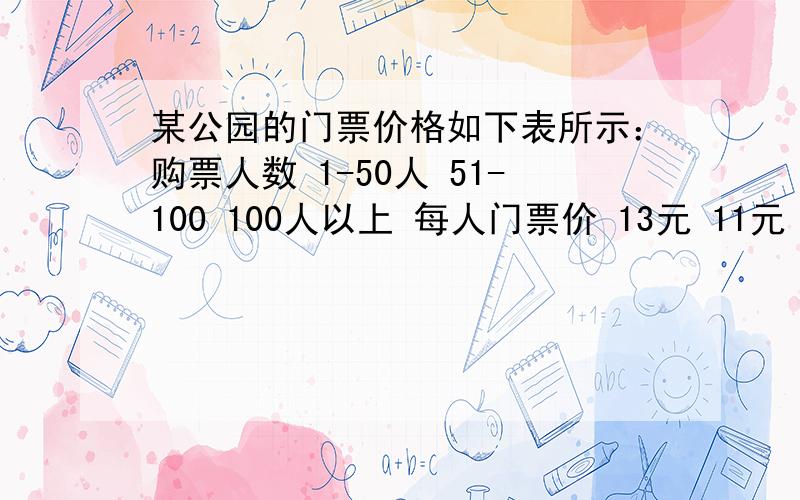 某公园的门票价格如下表所示：购票人数 1-50人 51-100 100人以上 每人门票价 13元 11元 9元某公园的门票价格如下表所示：购票人数 1-50人 51-100 100人以上 每人门票价 13元 11元 9元 某中学初一（1