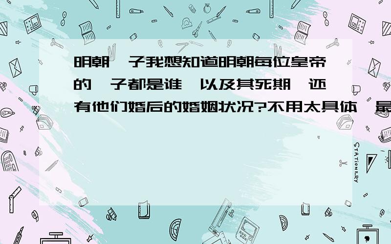 明朝妃子我想知道明朝每位皇帝的妃子都是谁,以及其死期,还有他们婚后的婚姻状况?不用太具体,最好是在1450--1500之间的.我想知道皇帝和他的妃子婚后的状况.