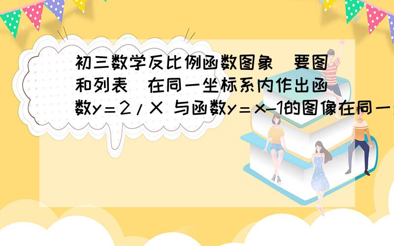 初三数学反比例函数图象（要图和列表）在同一坐标系内作出函数y＝2/X 与函数y＝x-1的图像在同一坐标系内作出函数y＝2/X 与函数y＝x-1的图像,并利用图像求它们的交点坐标