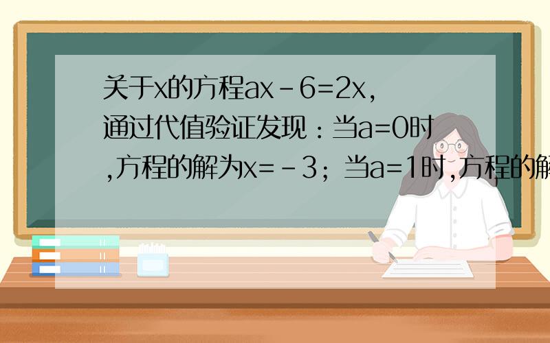 关于x的方程ax-6=2x,通过代值验证发现：当a=0时,方程的解为x=-3；当a=1时,方程的解为x=-6……关于x的方程ax-6=2x,通过代值验证发现：当a=0时,方程的解为x=-3；当a=1时,方程的解为x=-6；当a=3时,方程