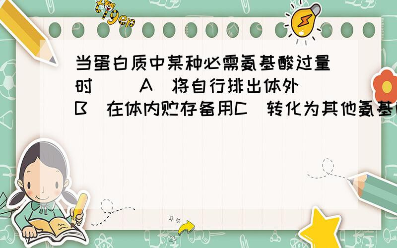 当蛋白质中某种必需氨基酸过量时( )A．将自行排出体外 B．在体内贮存备用C．转化为其他氨基酸利用 D．会干扰其他氨基酸的利用