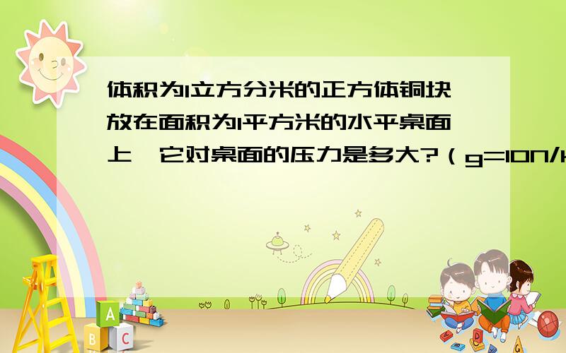 体积为1立方分米的正方体铜块放在面积为1平方米的水平桌面上,它对桌面的压力是多大?（g=10N/kg,ρ＝8.9×10的立方kg/m的立方）