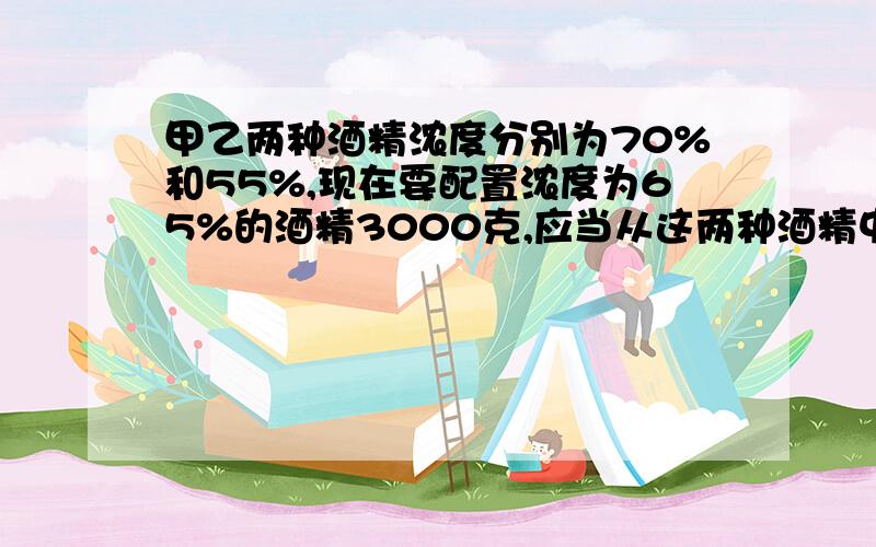 甲乙两种酒精浓度分别为70%和55%,现在要配置浓度为65%的酒精3000克,应当从这两种酒精中各取多少克?