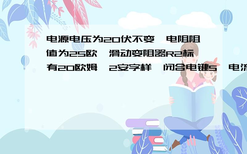 电源电压为20伏不变,电阻阻值为25欧,滑动变阻器R2标有20欧姆,2安字样,闭合电键S,电流表的示数为0.5安现从10欧20欧30欧中选一个替换电阻R1,同时将一个电压表接入电路中,要求在移动变阻器滑片