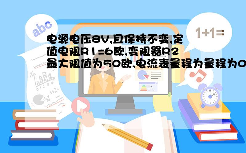 电源电压8V,且保持不变,定值电阻R1=6欧,变阻器R2最大阻值为50欧,电流表量程为量程为0~0、6A,电压表量程为0~3V.为保护电表,变阻器接入电路的阻值范围