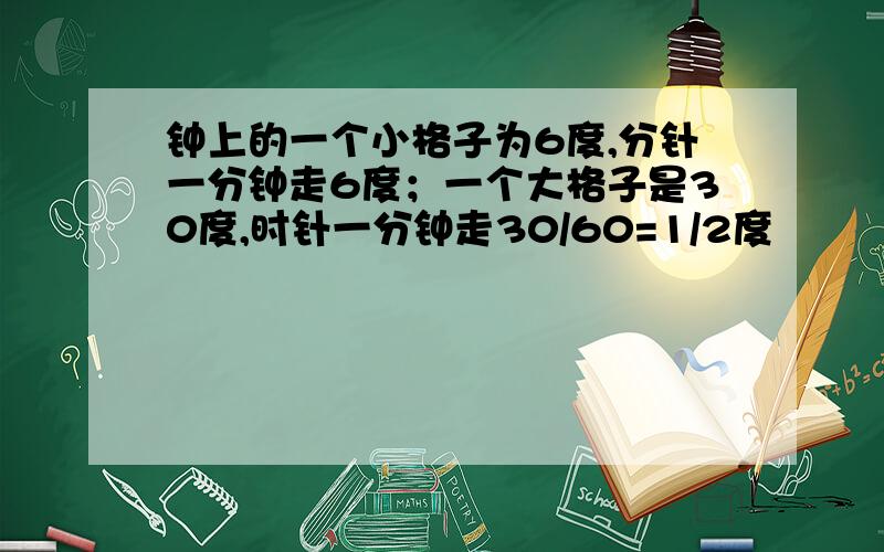 钟上的一个小格子为6度,分针一分钟走6度；一个大格子是30度,时针一分钟走30/60=1/2度