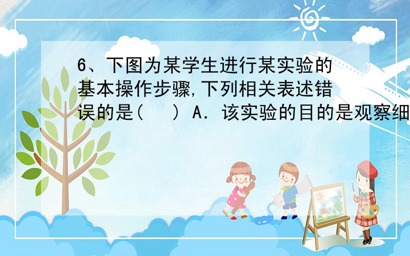 6、下图为某学生进行某实验的基本操作步骤,下列相关表述错误的是(   ) A．该实验的目的是观察细胞的有丝分裂B．该同学的操作步骤中错误的是解离后要用清水漂洗再染色C．f步骤在临时装