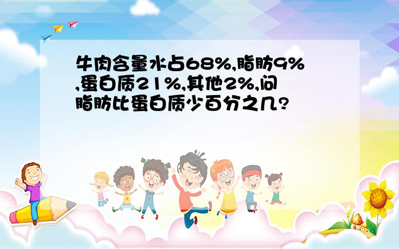 牛肉含量水占68%,脂肪9%,蛋白质21%,其他2%,问脂肪比蛋白质少百分之几?