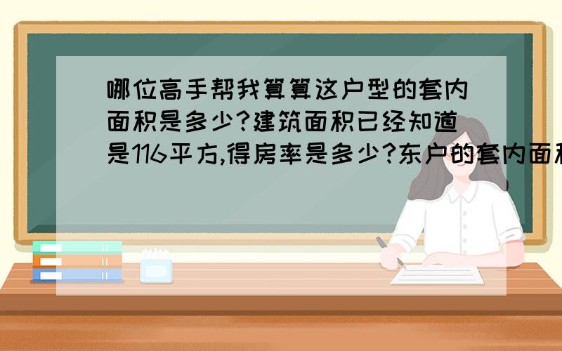 哪位高手帮我算算这户型的套内面积是多少?建筑面积已经知道是116平方,得房率是多少?东户的套内面积?可能尺寸不太全,我只要大概数字