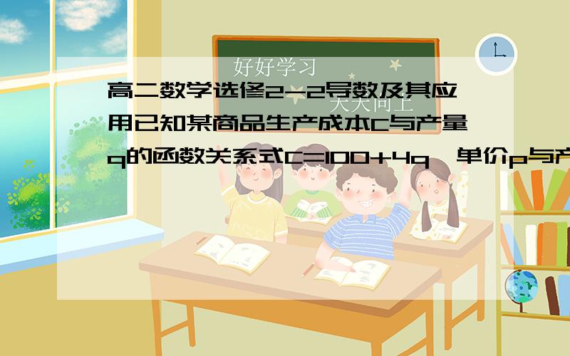 高二数学选修2-2导数及其应用已知某商品生产成本C与产量q的函数关系式C=100+4q,单价p与产量q的函数关系式为p=25-1/8q.问产量q为何值时,利润最大.