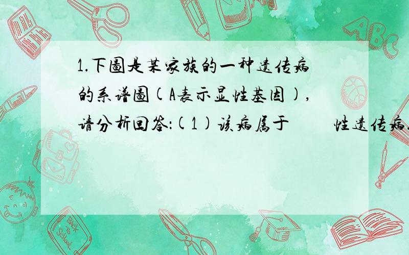 1．下图是某家族的一种遗传病的系谱图(A表示显性基因),请分析回答：(1)该病属于　　 性遗传病.(2)Ⅲ8的基因型是 .(3)Ⅲ10是杂合子的几率是　 .(4)如果Ⅲ8与Ⅲ10违法婚配,他们生出患病孩子的