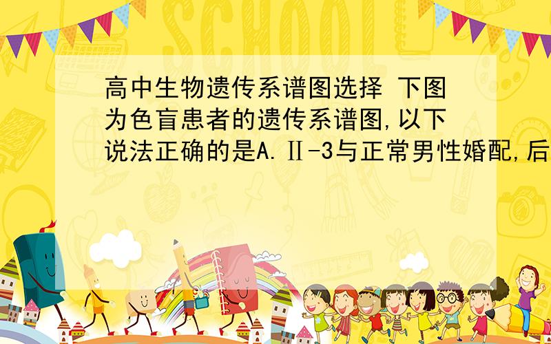 高中生物遗传系谱图选择 下图为色盲患者的遗传系谱图,以下说法正确的是A.Ⅱ-3与正常男性婚配,后代都不患病B.Ⅱ-3与正常男性婚配,生有患病男孩的概率是1/8C.Ⅱ-4与正常女性婚配,后代都不