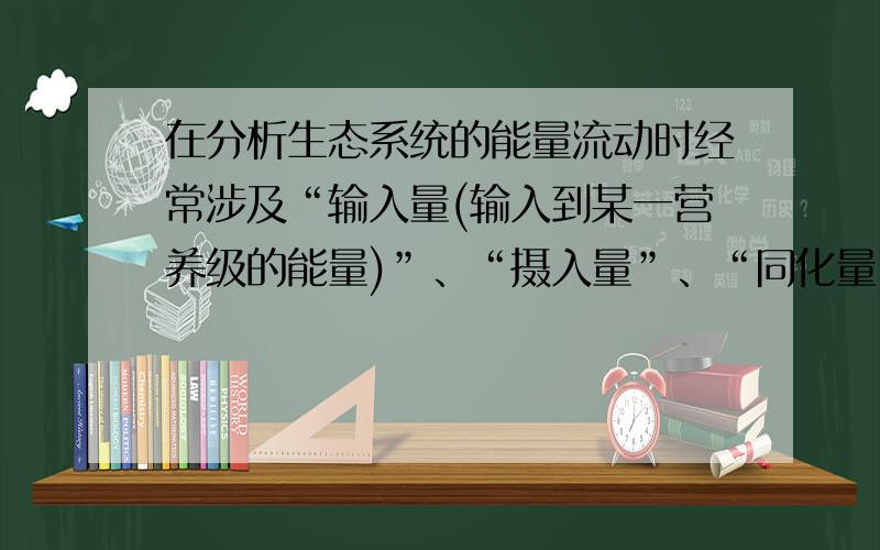 在分析生态系统的能量流动时经常涉及“输入量(输入到某一营养级的能量)”、“摄入量”、“同化量”、“粪便量”等说法,则下列说法中正确的是 (　).A．某一营养级生物的摄入量即同化