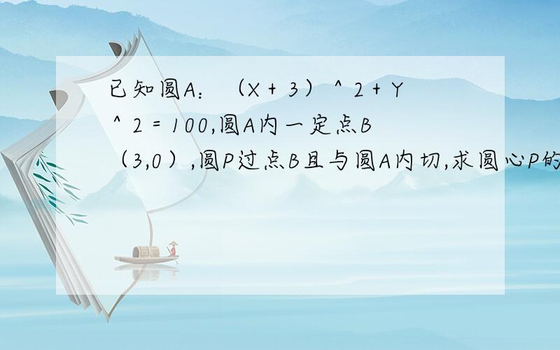 已知圆A：（X＋3）＾2＋Y＾2＝100,圆A内一定点B（3,0）,圆P过点B且与圆A内切,求圆心P的轨迹方程