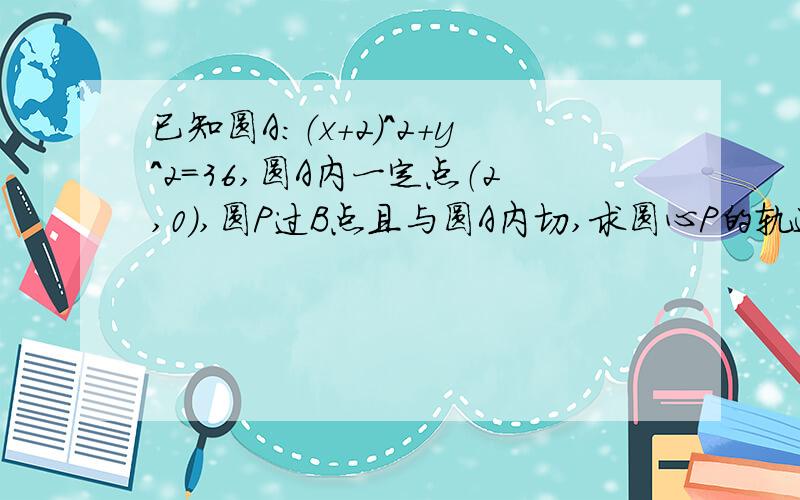 已知圆A：（x+2）^2+y^2=36,圆A内一定点（2,0）,圆P过B点且与圆A内切,求圆心P的轨迹.在线等