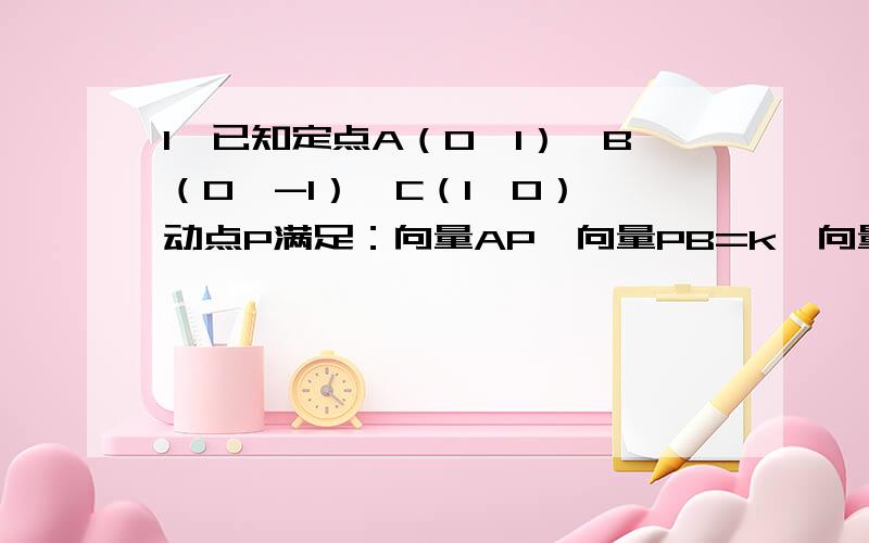 1,已知定点A（0,1）,B（0,-1）,C（1,0）,动点P满足：向量AP*向量PB=k*向量|pc|*向量|pc|.（1）求动点P的轨迹方程,并说明方程表现的曲线（2）当K=2时,求|向量AP+向量BP|的最大值和最小值2,已知圆M：（