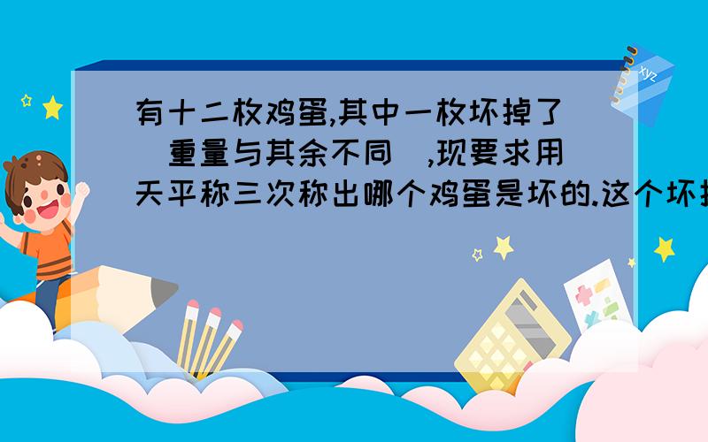 有十二枚鸡蛋,其中一枚坏掉了（重量与其余不同）,现要求用天平称三次称出哪个鸡蛋是坏的.这个坏掉的蛋与其余蛋重量不同,但并没说这个坏蛋是较轻或较重