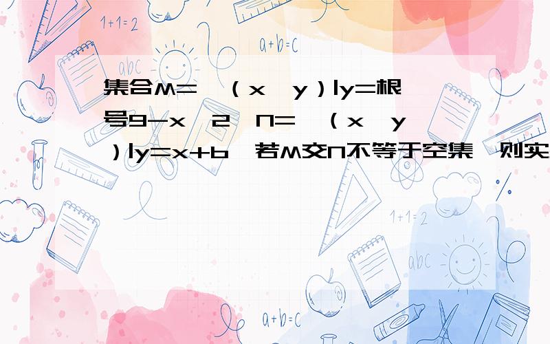 集合M={（x,y）|y=根号9-x^2}N={（x,y）|y=x+b}若M交N不等于空集,则实数b的取值范围是多少