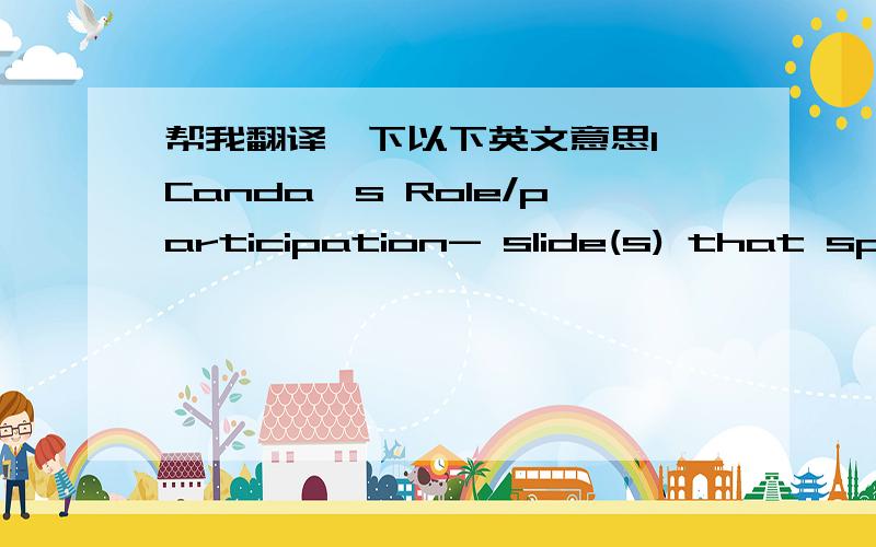 帮我翻译一下以下英文意思1,Canda's Role/participation- slide(s) that specifically deal with Canda's role/significance in your selected topic.2.Impact/resolution- slide(s) that details what the impact and/or resolution of your topic was. Th