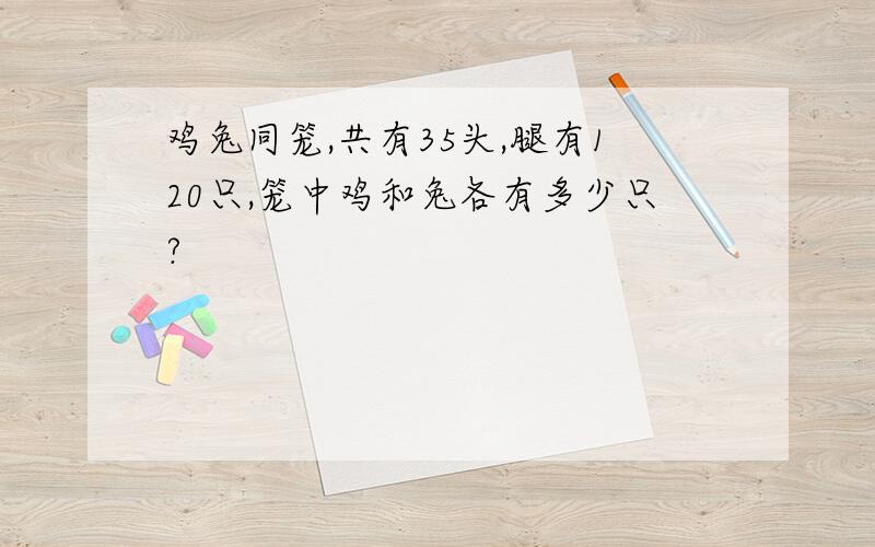 鸡兔同笼,共有35头,腿有120只,笼中鸡和兔各有多少只?