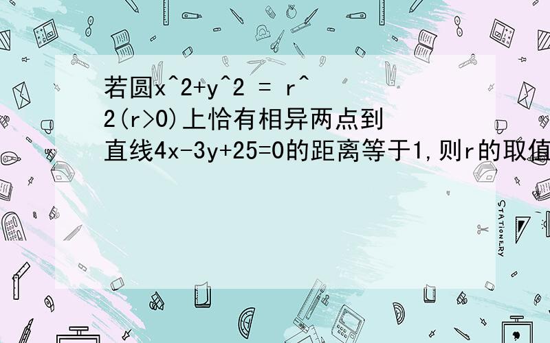 若圆x^2+y^2 = r^2(r>0)上恰有相异两点到直线4x-3y+25=0的距离等于1,则r的取值范围是 x^2 是X的平方答案都是错的 [4,6] B.[4,6) C.(4,6] D.(4,6)那个 点到直线的 公式是多少 25怎么弄出来的？没给点的坐标