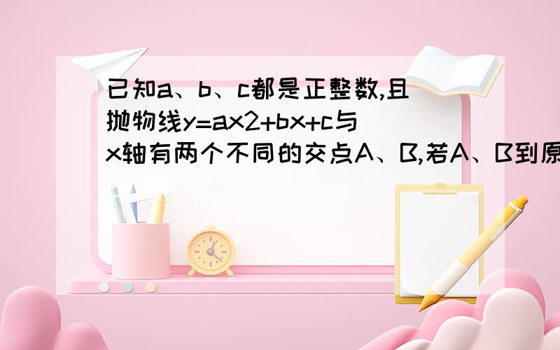 已知a、b、c都是正整数,且抛物线y=ax2+bx+c与x轴有两个不同的交点A、B,若A、B到原点的距离都小于1,求a+b+c的最小值（能讲详细点么）