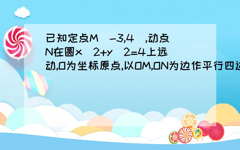 已知定点M(-3,4),动点N在圆x^2+y^2=4上远动,O为坐标原点,以OM,ON为边作平行四边形MONP,求点P的轨迹方程