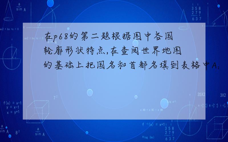 在p68的第二题根据图中各国轮廓形状特点,在查阅世界地图的基础上把国名和首都名填到表格中A：B；C；还有D