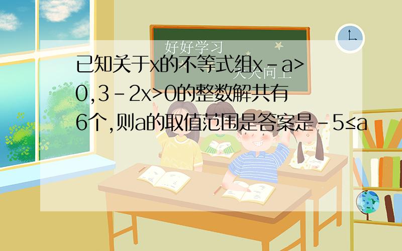 已知关于x的不等式组x-a>0,3-2x>0的整数解共有6个,则a的取值范围是答案是-5≤a