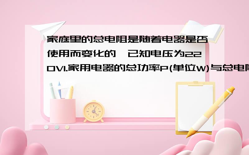 家庭里的总电阻是随着电器是否使用而变化的,已知电压为220V1.家用电器的总功率P(单位W)与总电阻R(单位欧姆)有怎样的函数关系?2.小明家的电度表的最大功率为4000W,那么他家的电器的总电阻