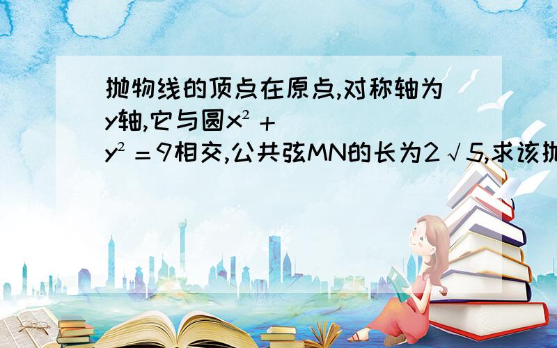 抛物线的顶点在原点,对称轴为y轴,它与圆x²＋y²＝9相交,公共弦MN的长为2√5,求该抛物线的方程,并写出它的焦点坐标与准线方程